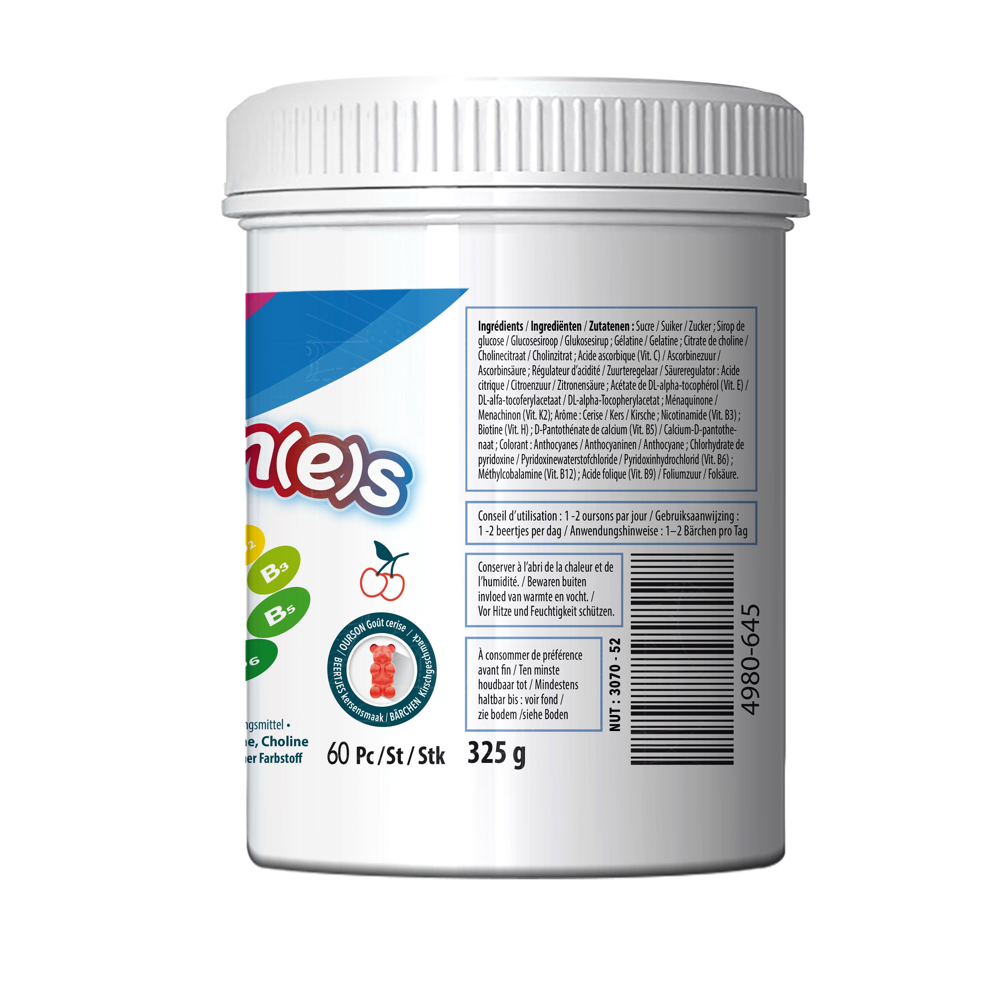 Gommes multivitamine - 🍊 Goût cerise - 60 🧸 oursons