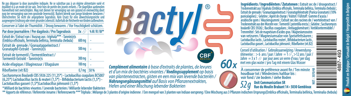đż Bactyl - ComplĂ©ment Probiotique , prĂ©-biotique +Tannate de gĂ©latine đ±âš - 60 gĂ©lules