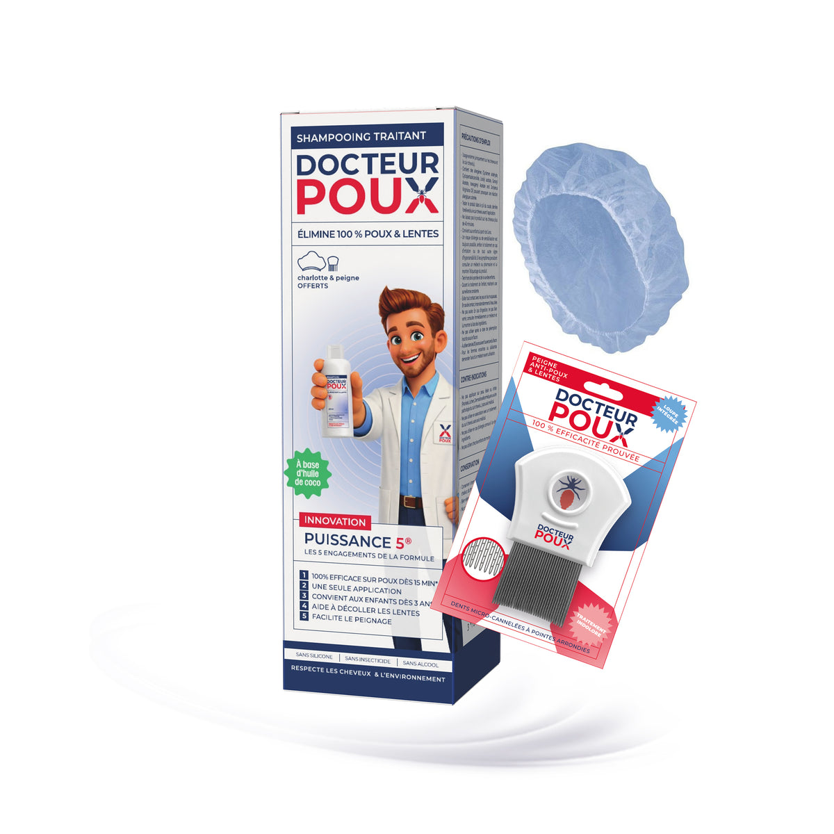 🧴 Shampooing traitant anti-poux 200 ml + peigne + charlotte – Docteur Poux