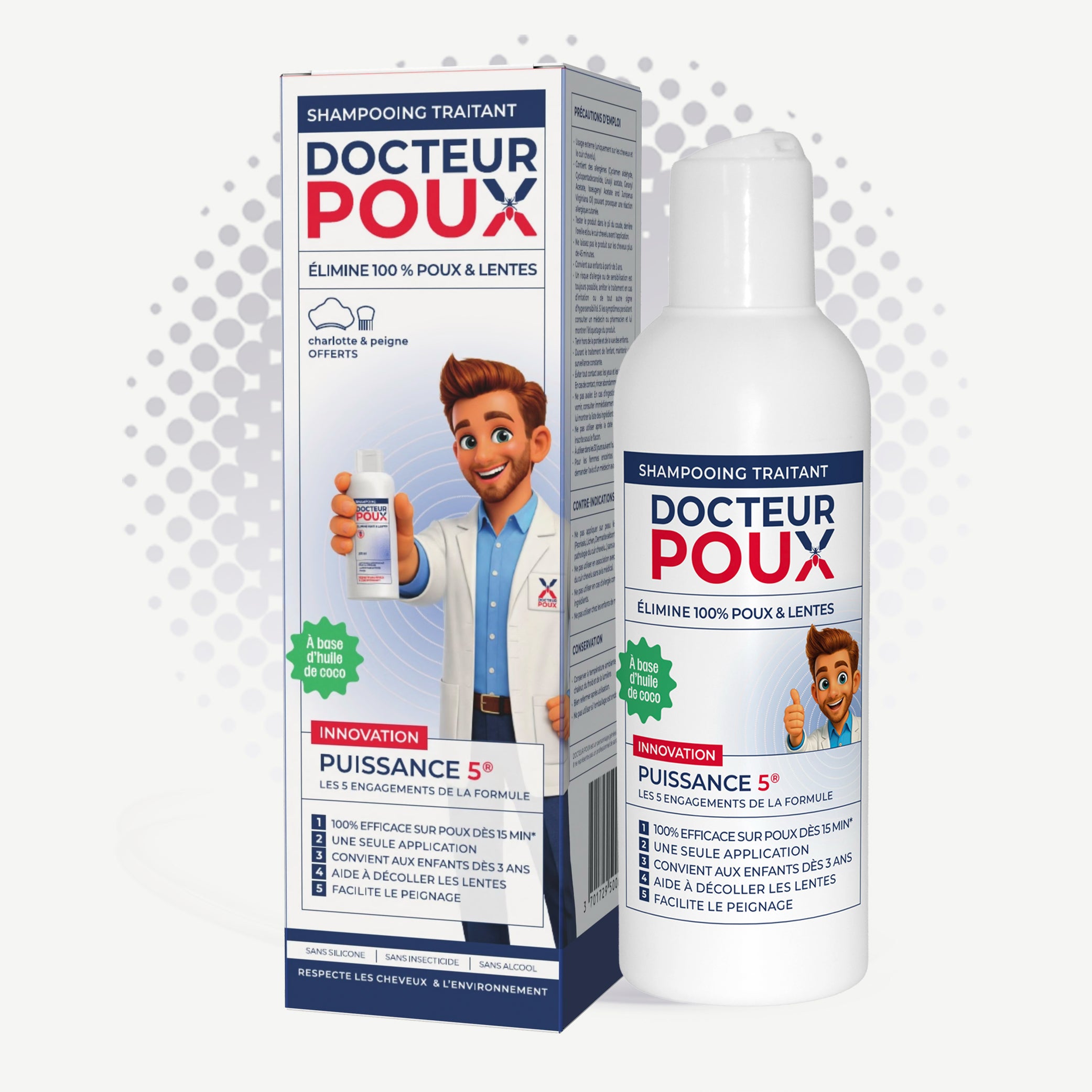 🧴 Shampooing traitant anti-poux 200 ml + peigne + charlotte – Docteur Poux
