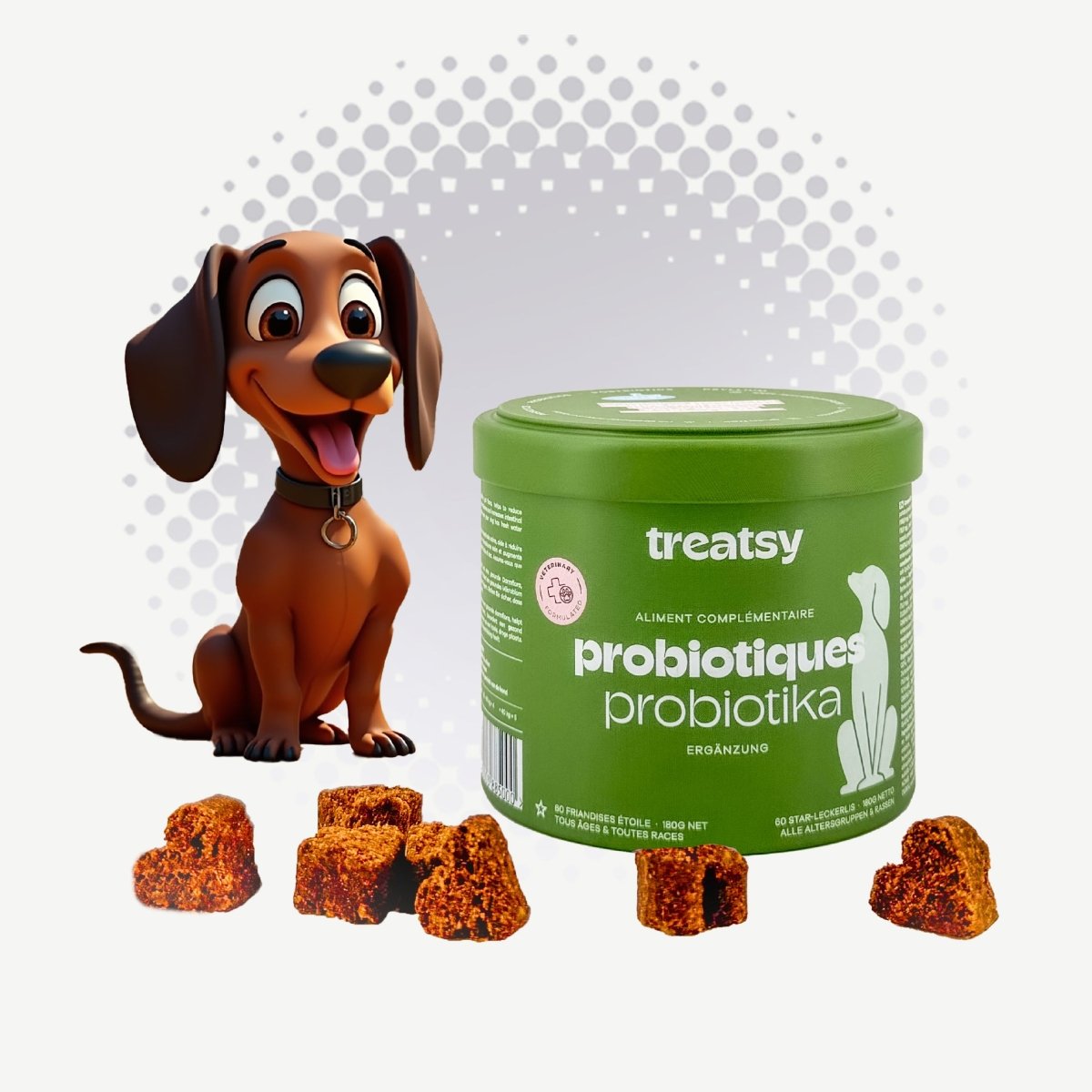 🐶 Treatsy Probiotiques – Compléments appétents pour chiens pour une digestion saine et un microbiote renforcé 🌱💩 - CBF Medical